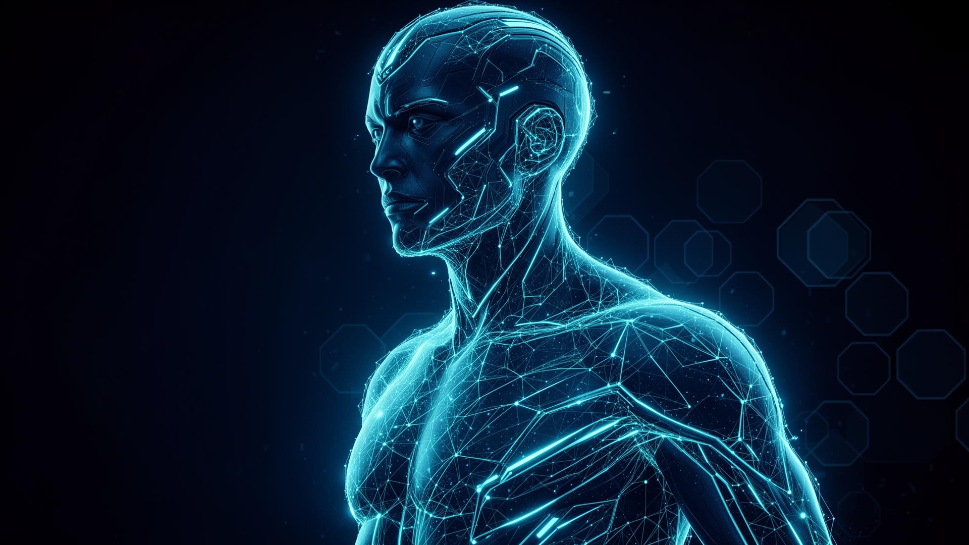 Glowing humanoid figure built from light particles representing the convergence of AI, blockchain and XR